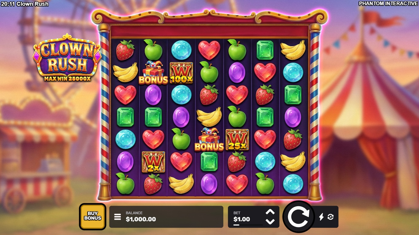 Clown Rush slot gameplay with symbols on a 7x7 board