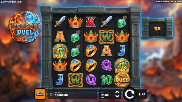 Dragon Duel slot gameplay with symbols on a 5x6 board