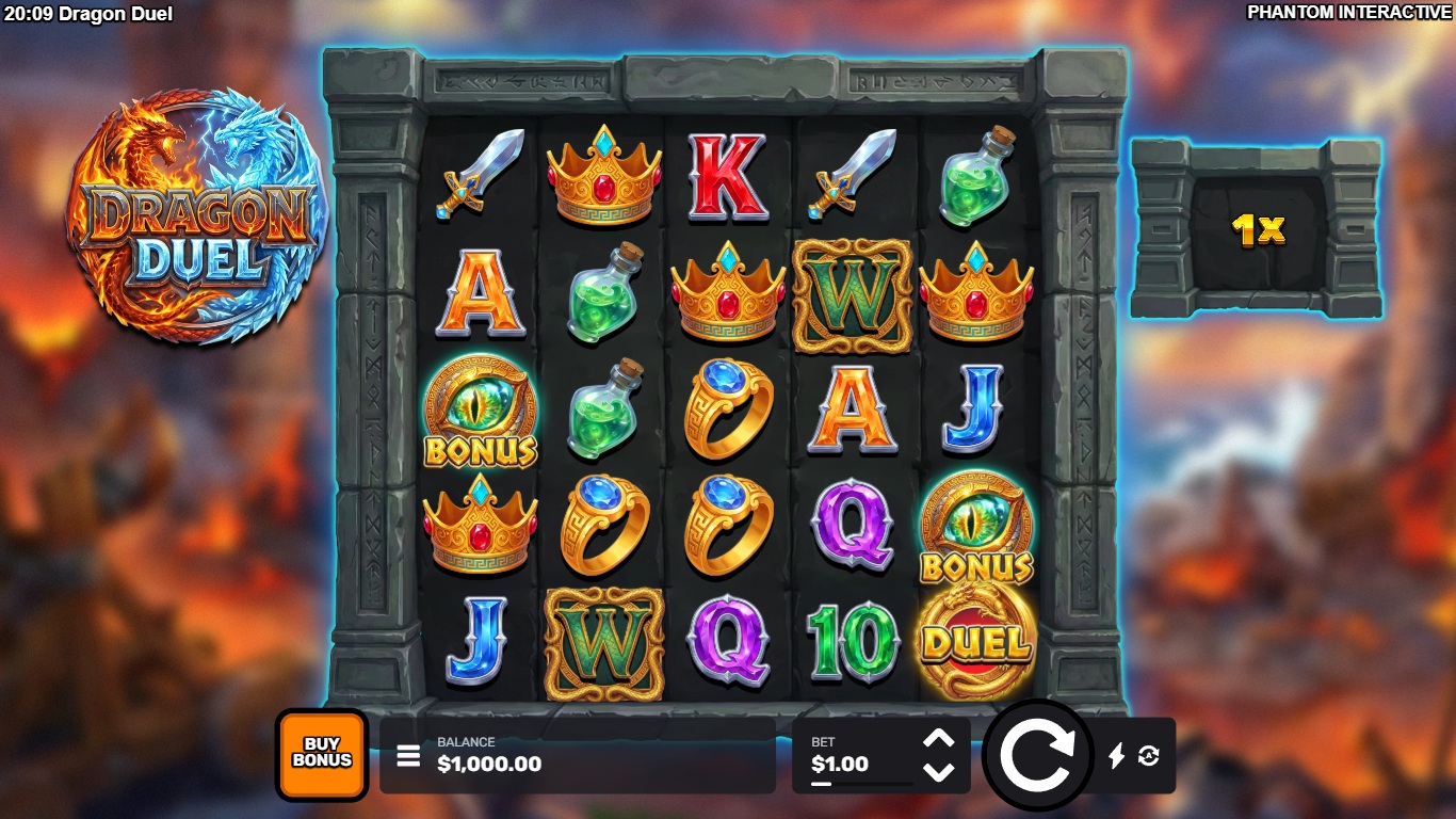 Dragon Duel slot gameplay with symbols on a 5x6 board