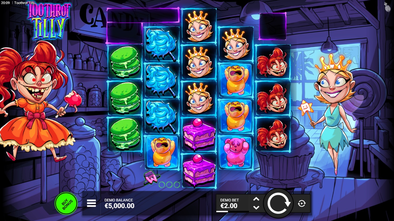 Toothrot Tilly slot gameplay with symbols on a 3-4-5-4-3 board