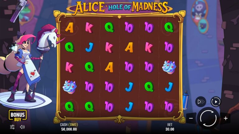 Alice: Hole of Madness slot gameplay with symbols on a 6x5 board