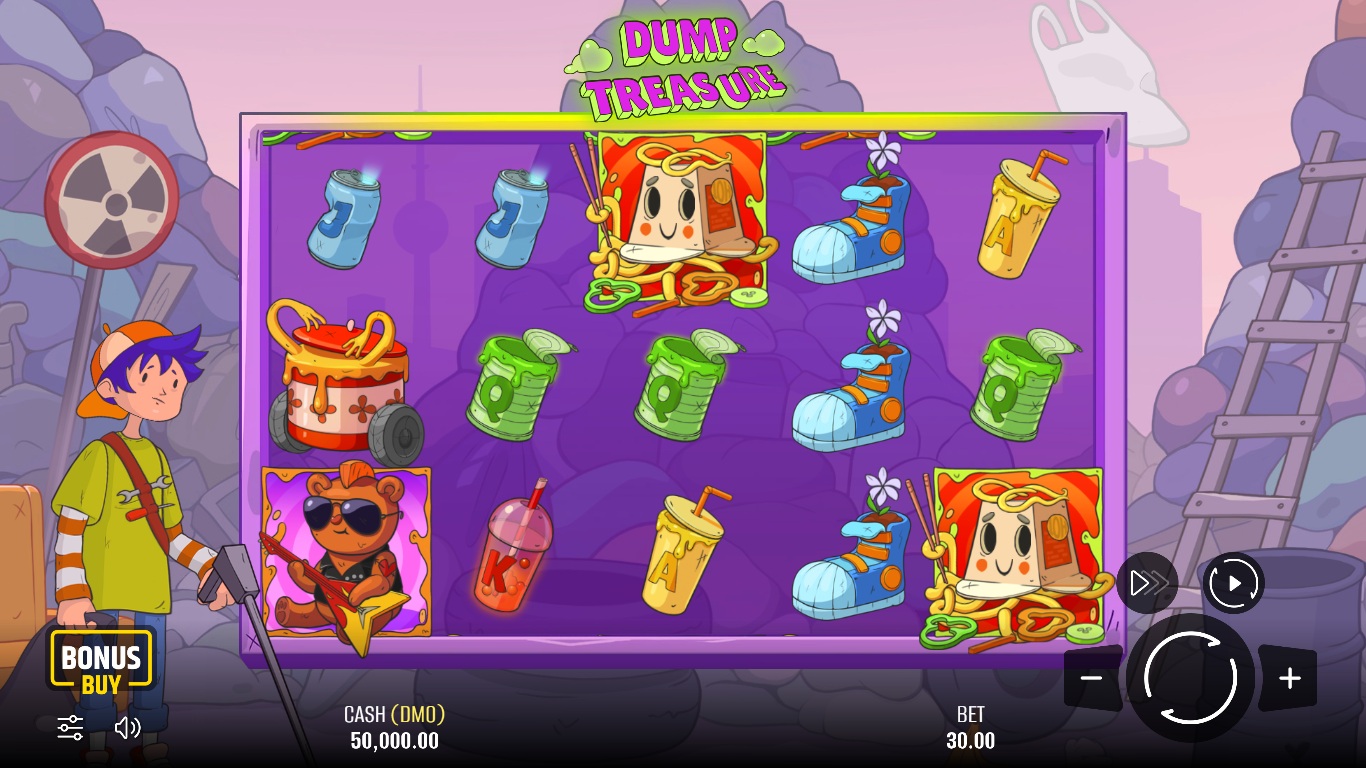Dump Treasure slot gameplay with symbols on a 5x3 board