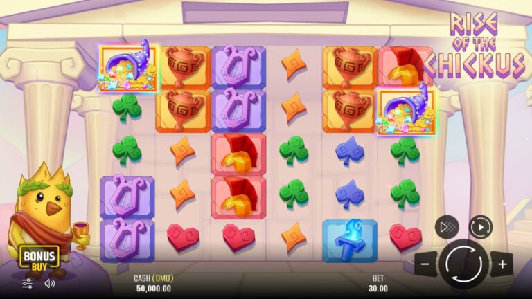 Rise of the Chickus slot gameplay with symbols on a 6x5 board