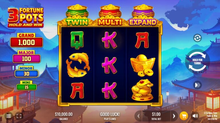 3 Fortune Pots Hold and Win slot gameplay with symbols on a 3x3 board