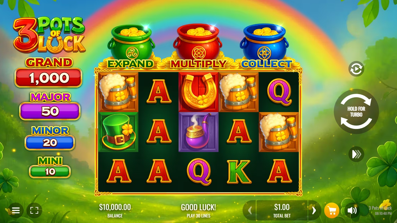 3 Pots of Luck slot gameplay with symbols on a 5x3 board