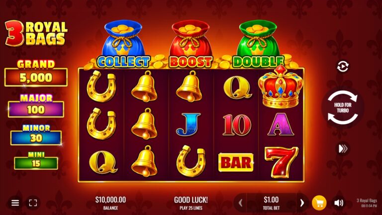 3 Royal Bags slot gameplay with symbols on a 5x3 board