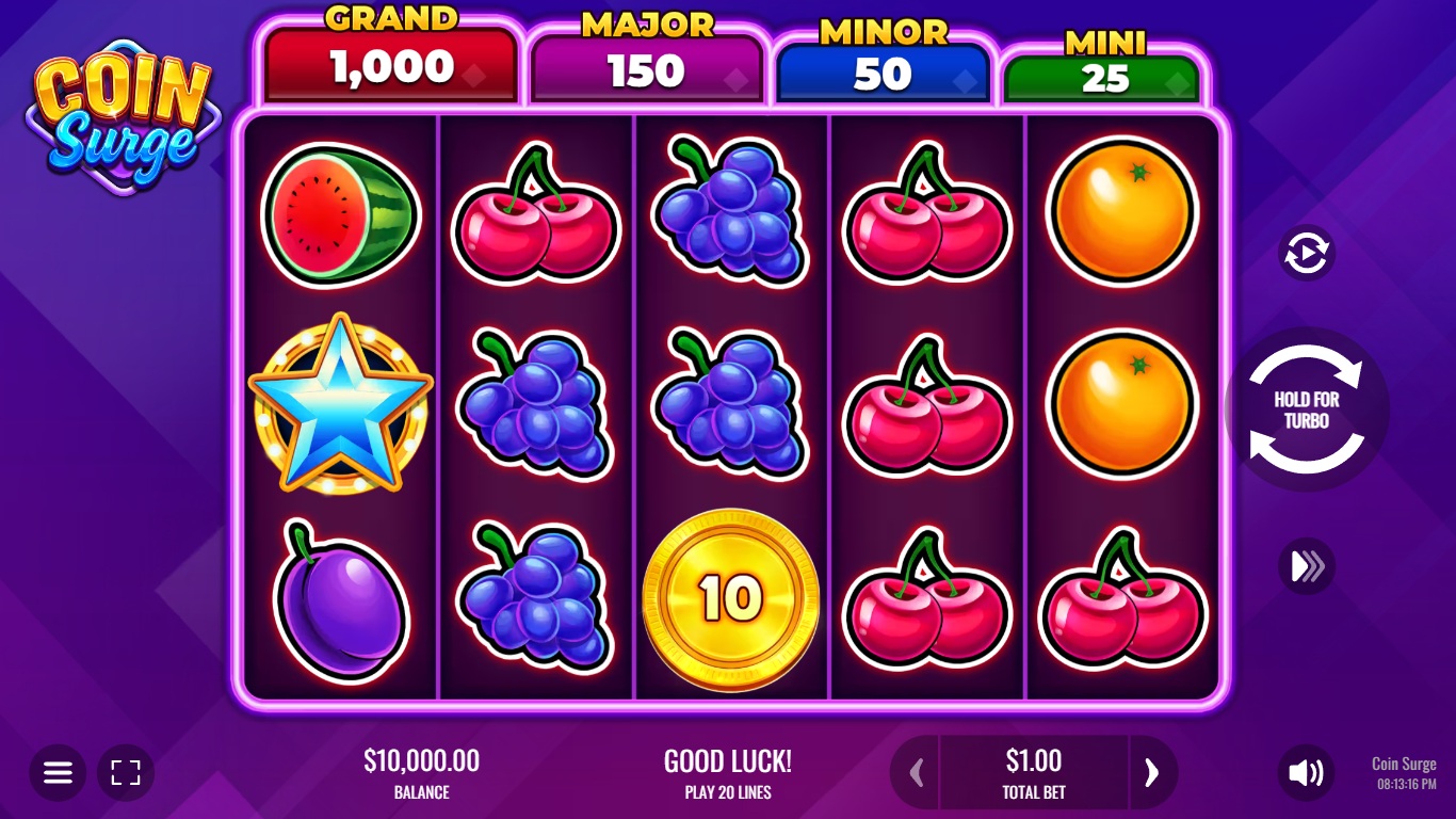 Coin Surge slot gameplay with symbols on a 5x3 board