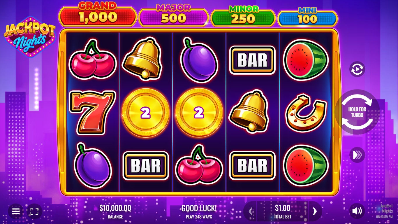 Jackpot Nights slot gameplay with symbols on a 5x3 board