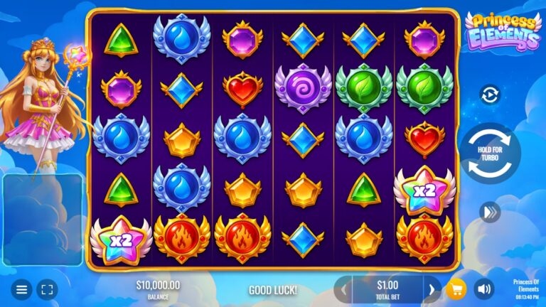 Princess of Elements slot gameplay with symbols on a 6x5 board