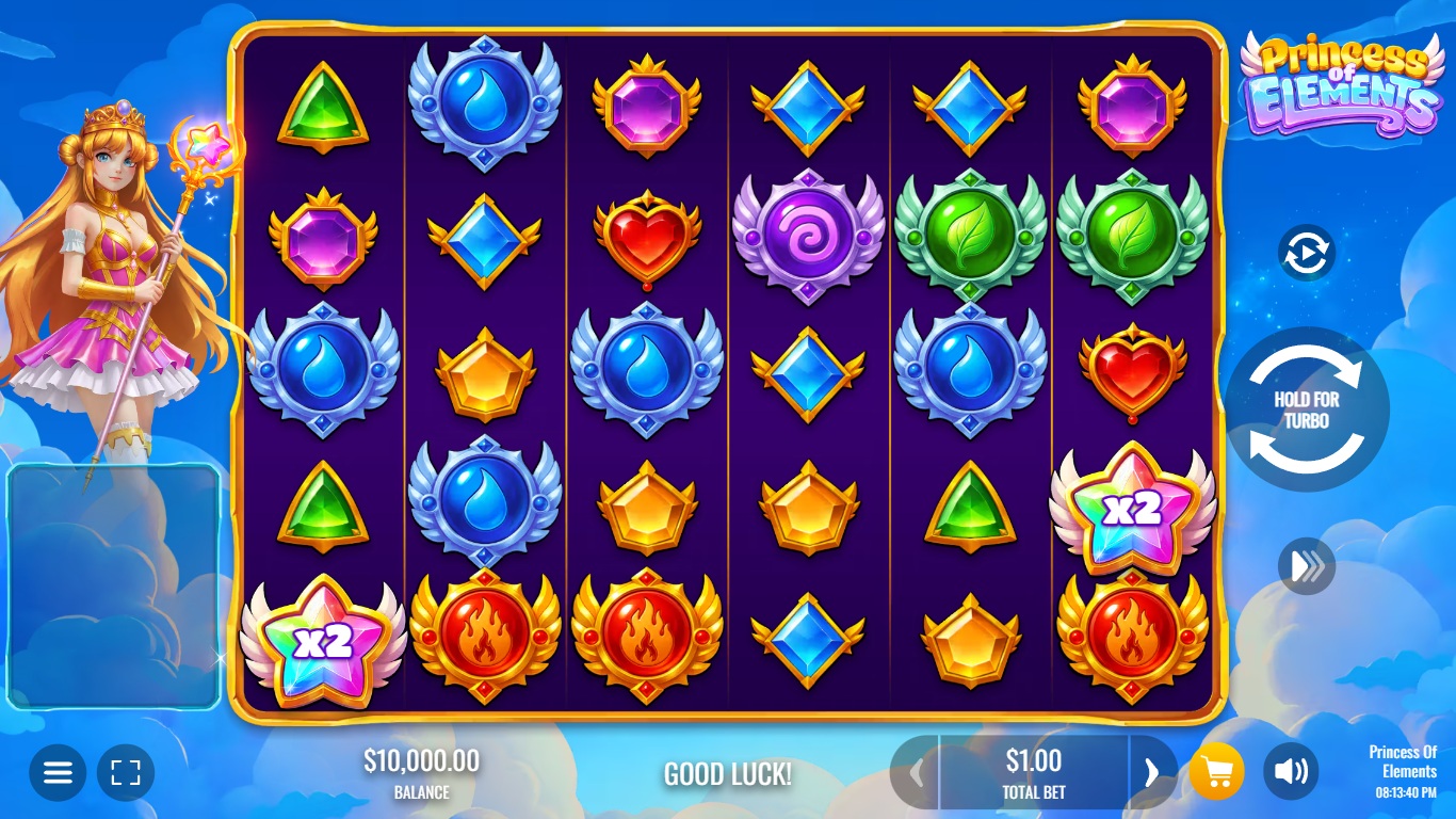 Princess of Elements slot gameplay with symbols on a 6x5 board