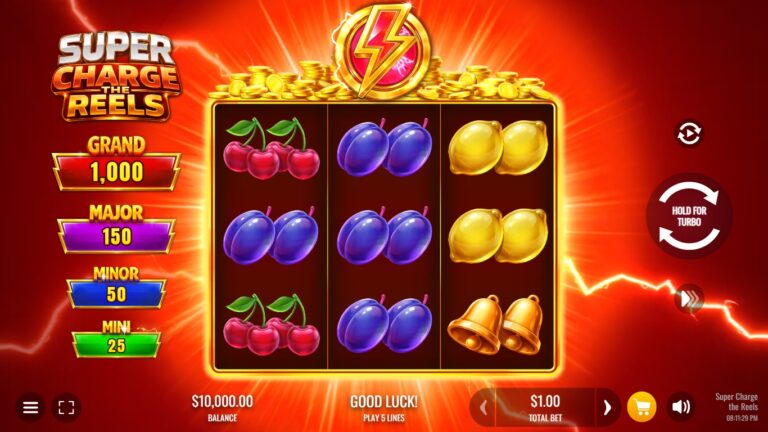 Super Charge the Reels slot gameplay with symbols on a 3x3 board