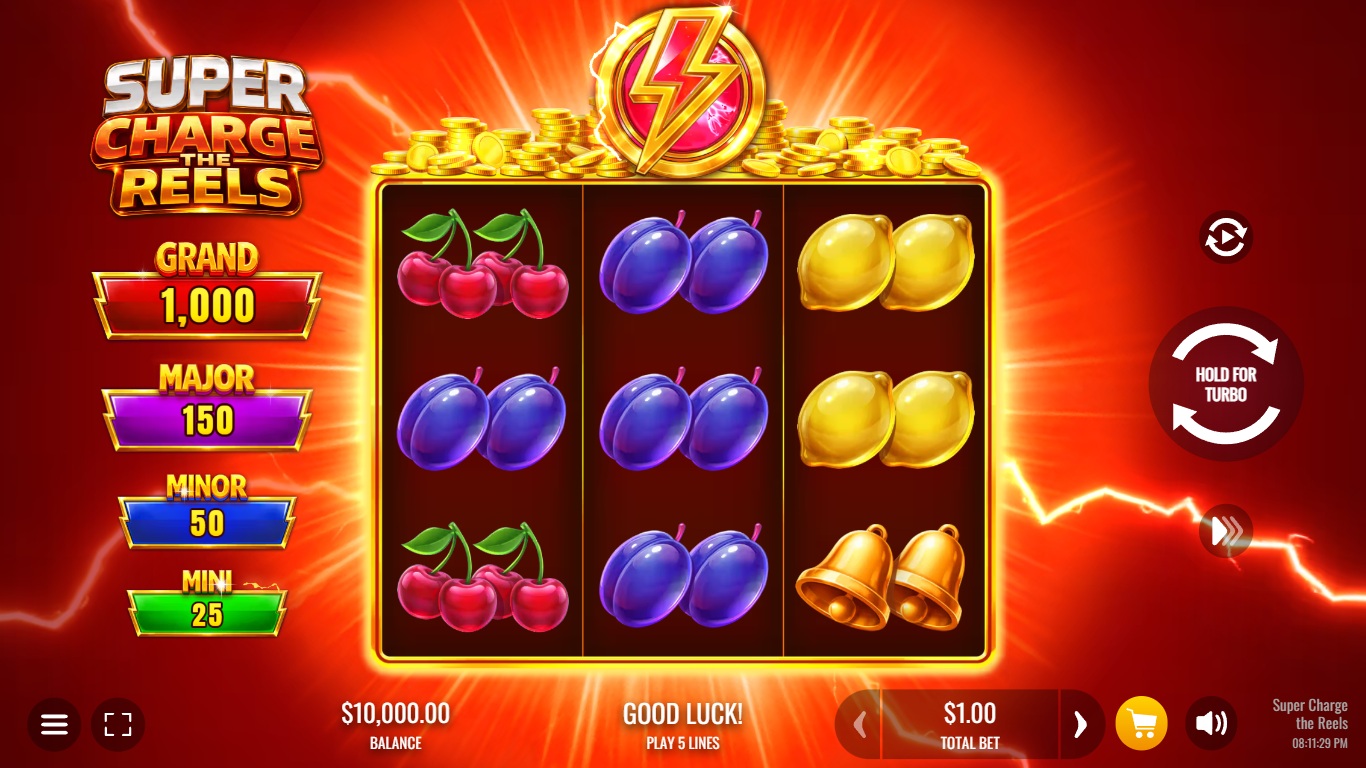 Super Charge the Reels slot gameplay with symbols on a 3x3 board