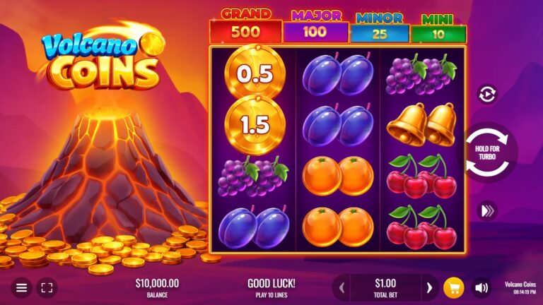 Volcano Coins slot gameplay showing symbols on a 3x4 board