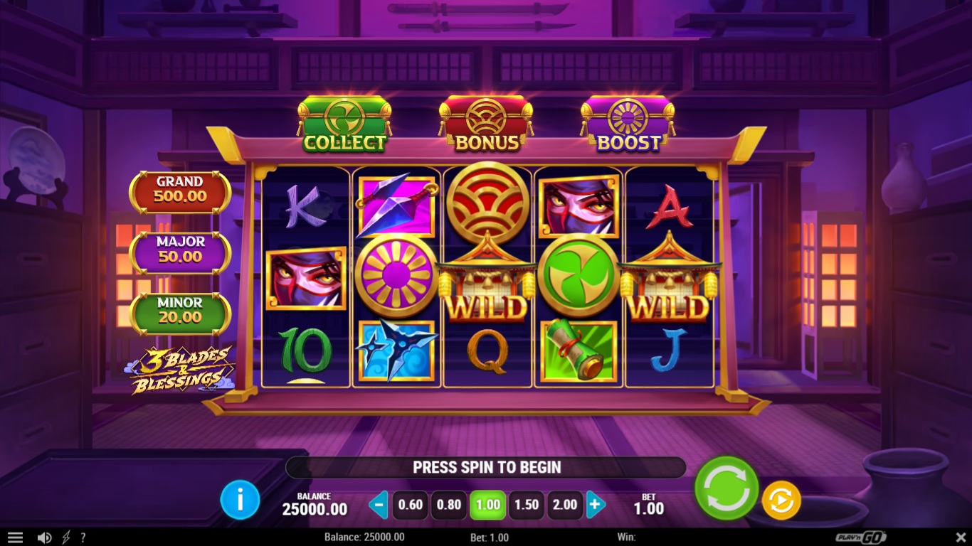 3 Blades & Blessings slot gameplay showing symbols on a 5x3 board