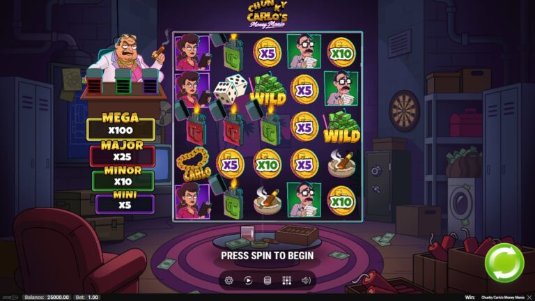 Chunky Carlo's Money Mania slot gameplay showing symbols on a 5x5 board