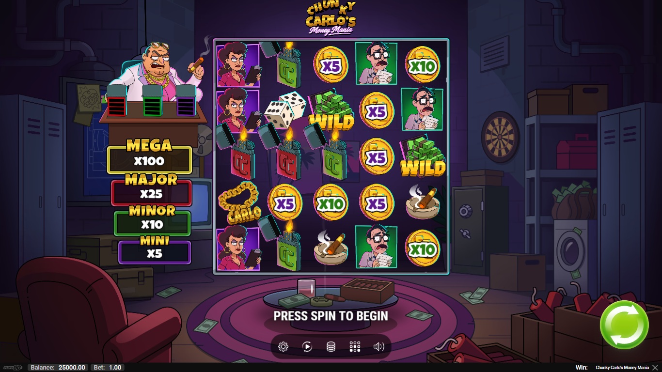 Chunky Carlo's Money Mania slot gameplay showing symbols on a 5x5 board