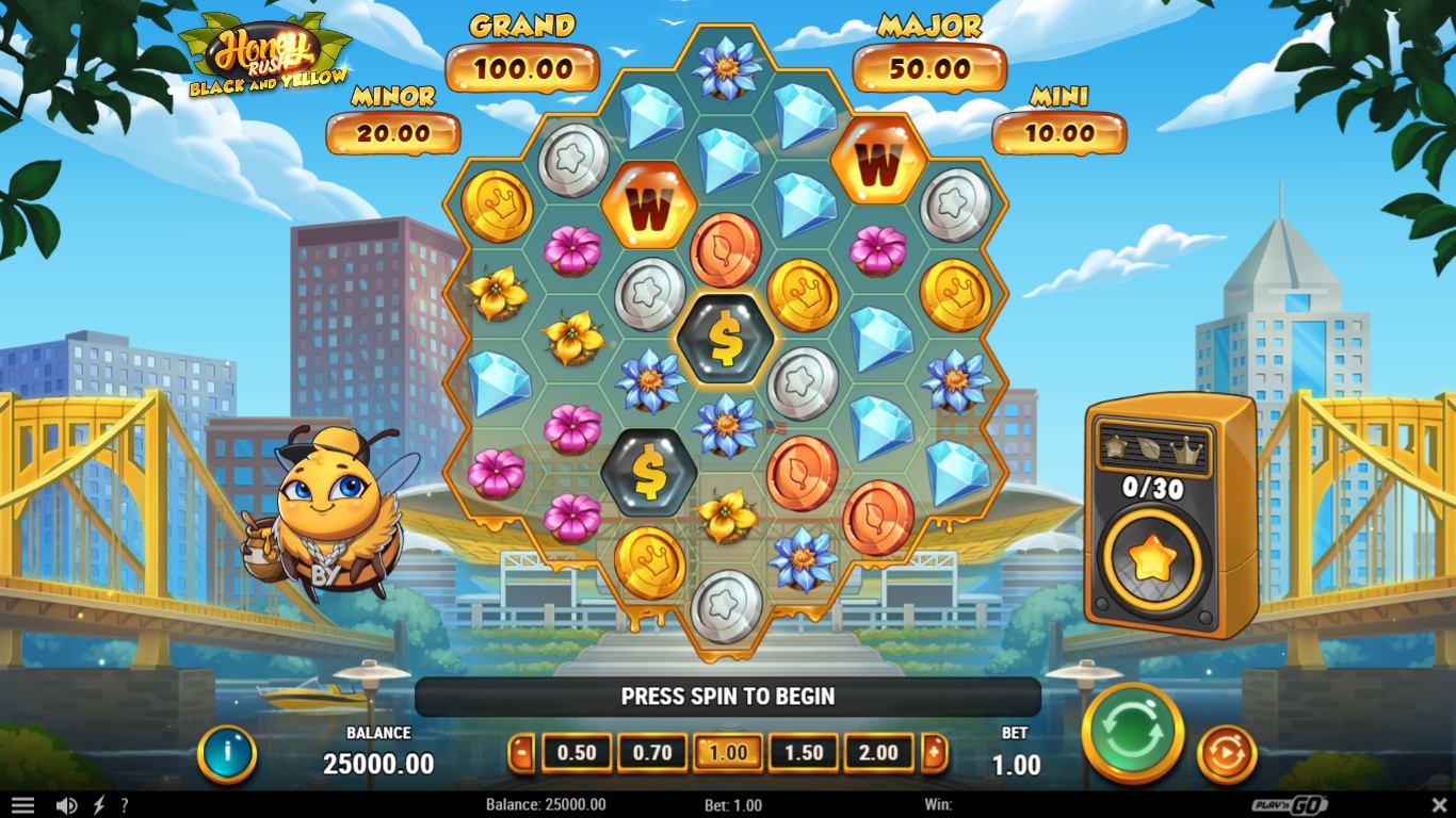 Honey Rush Black and Yellow slot gameplay showing symbols on a 4-5-6-7-6-5-4 board