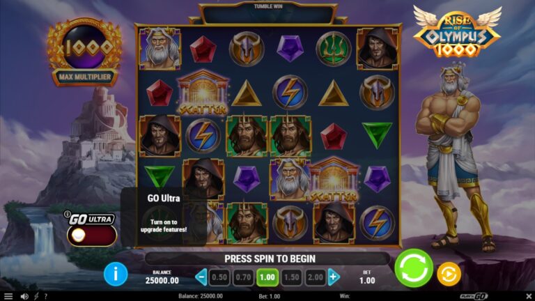 Rise of Olympus 1000 slot gameplay showing symbols on a 6x5 board