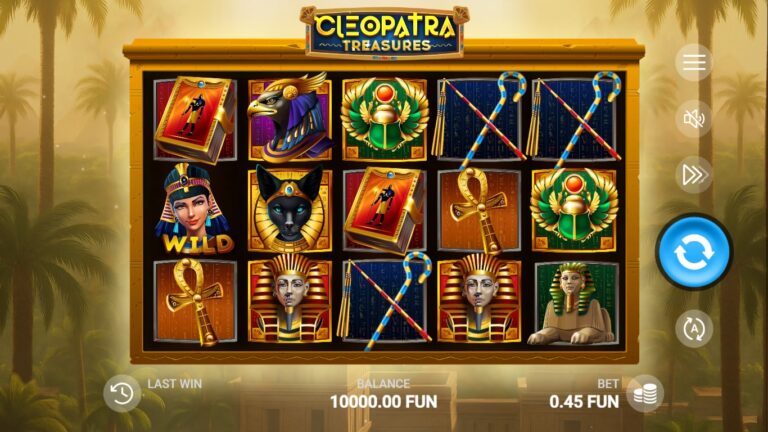 Cleopatra Treasures slot gameplay showing symbols on a 5x3 board