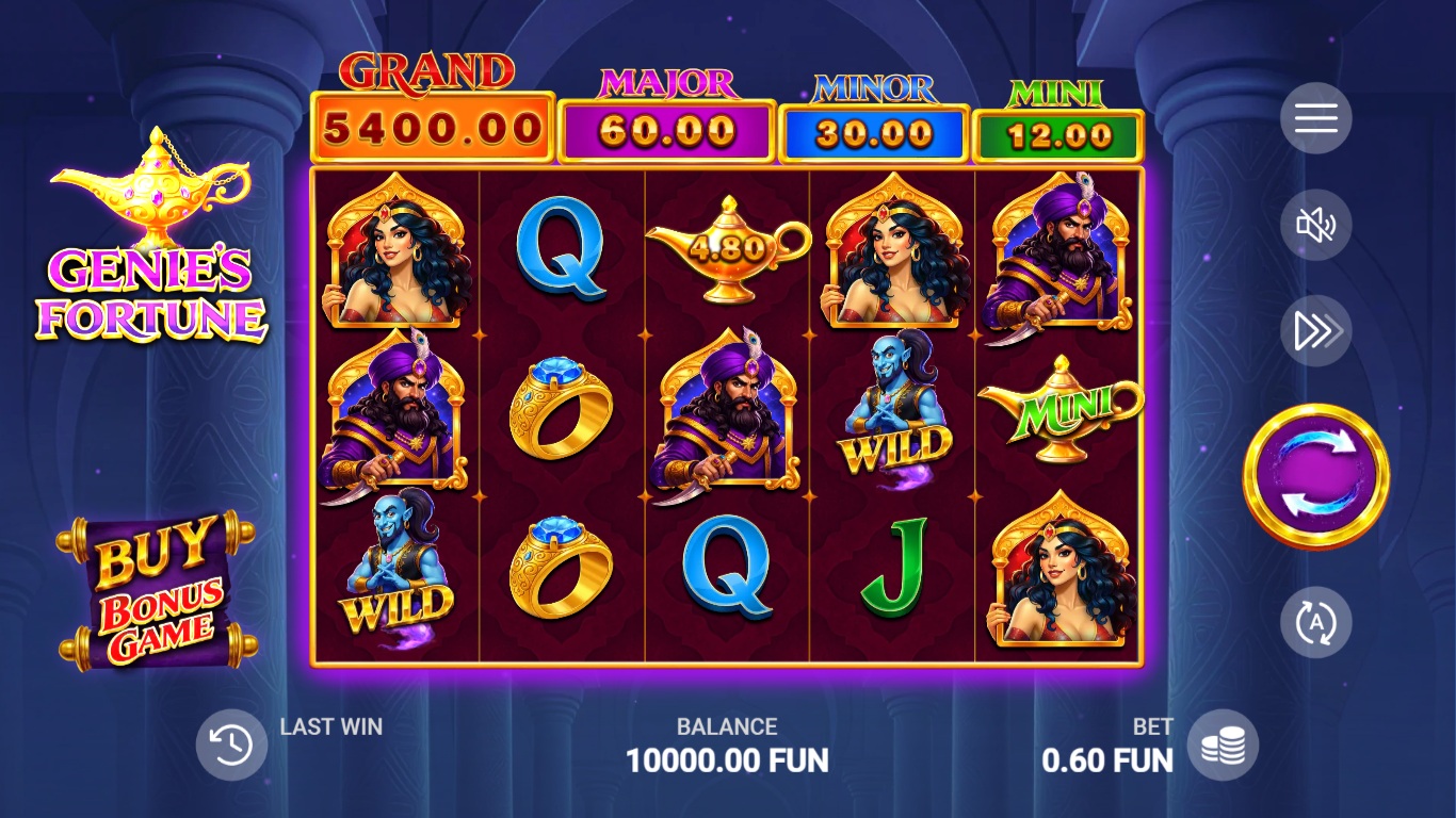 Genie's Fortune slot gameplay showing symbols on a 5x3 board