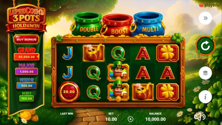 Leprecoin's 3 Pots: Hold & Win slot gameplay showing symbols on a 5x3 board