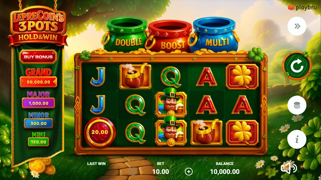 Leprecoin's 3 Pots: Hold & Win slot gameplay showing symbols on a 5x3 board