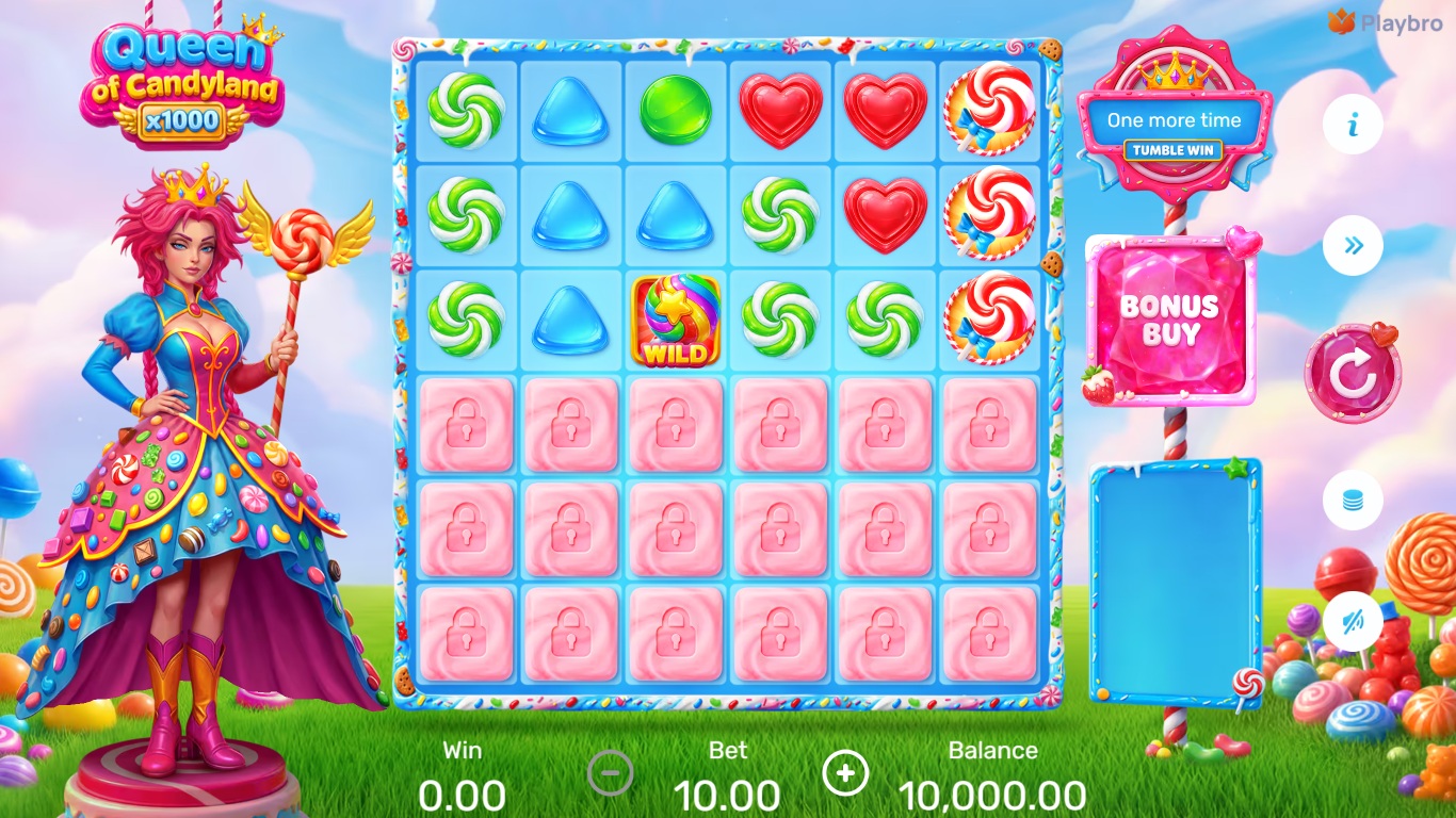 Queen of Candyland x1000 slot gameplay showing symbols on a 6x6 board
