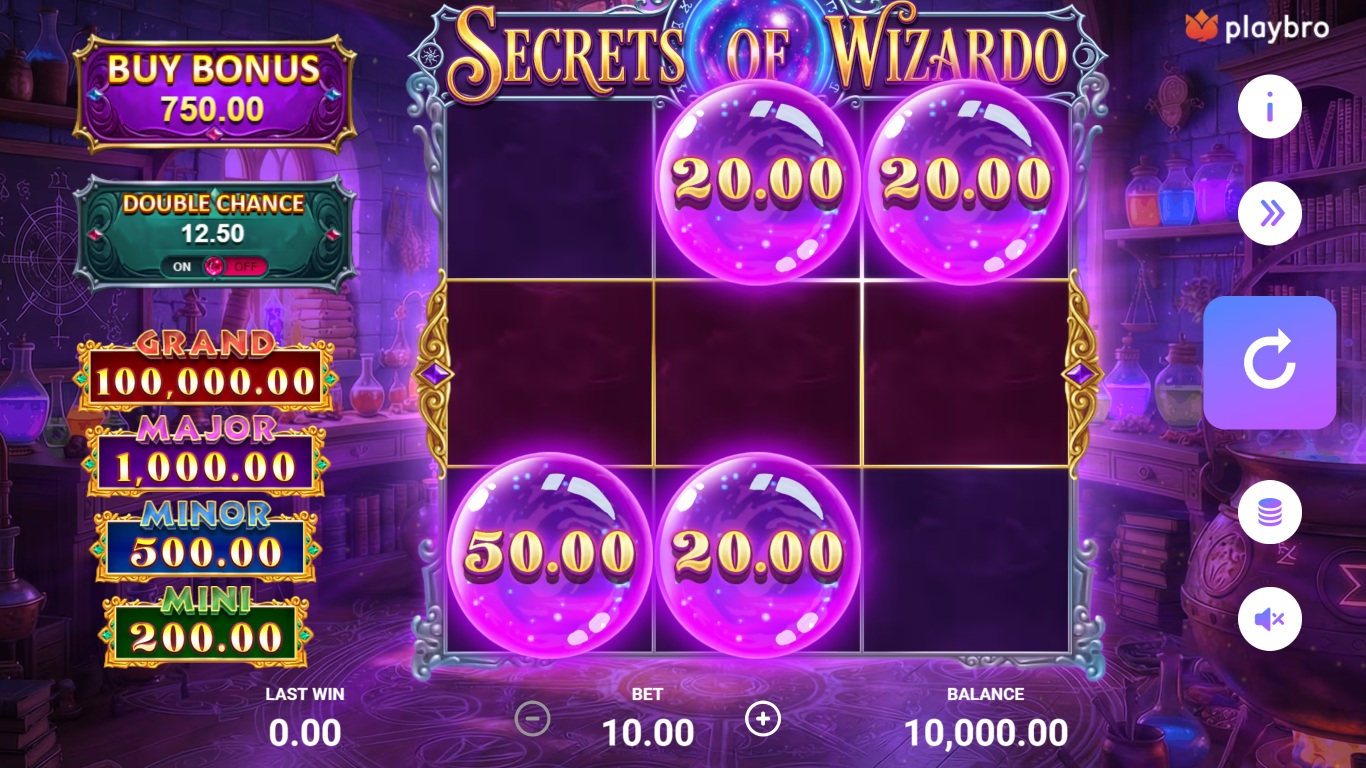 Secrets of Wizardo slot gameplay showing symbols on a 3x3 board