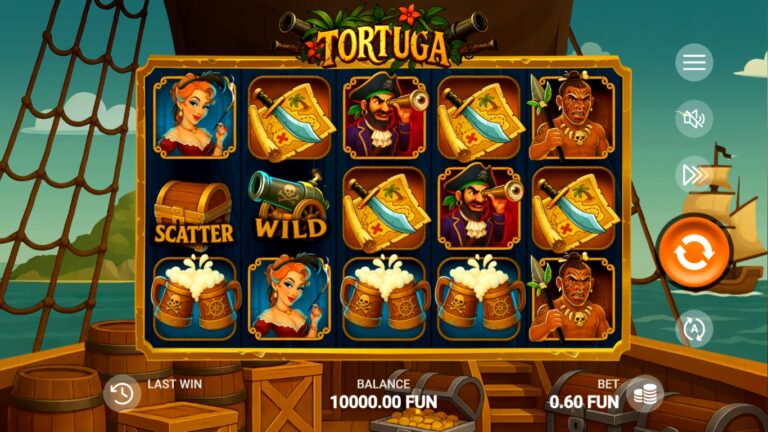 Tortuga slot gameplay showing symbols on a 5x3 board