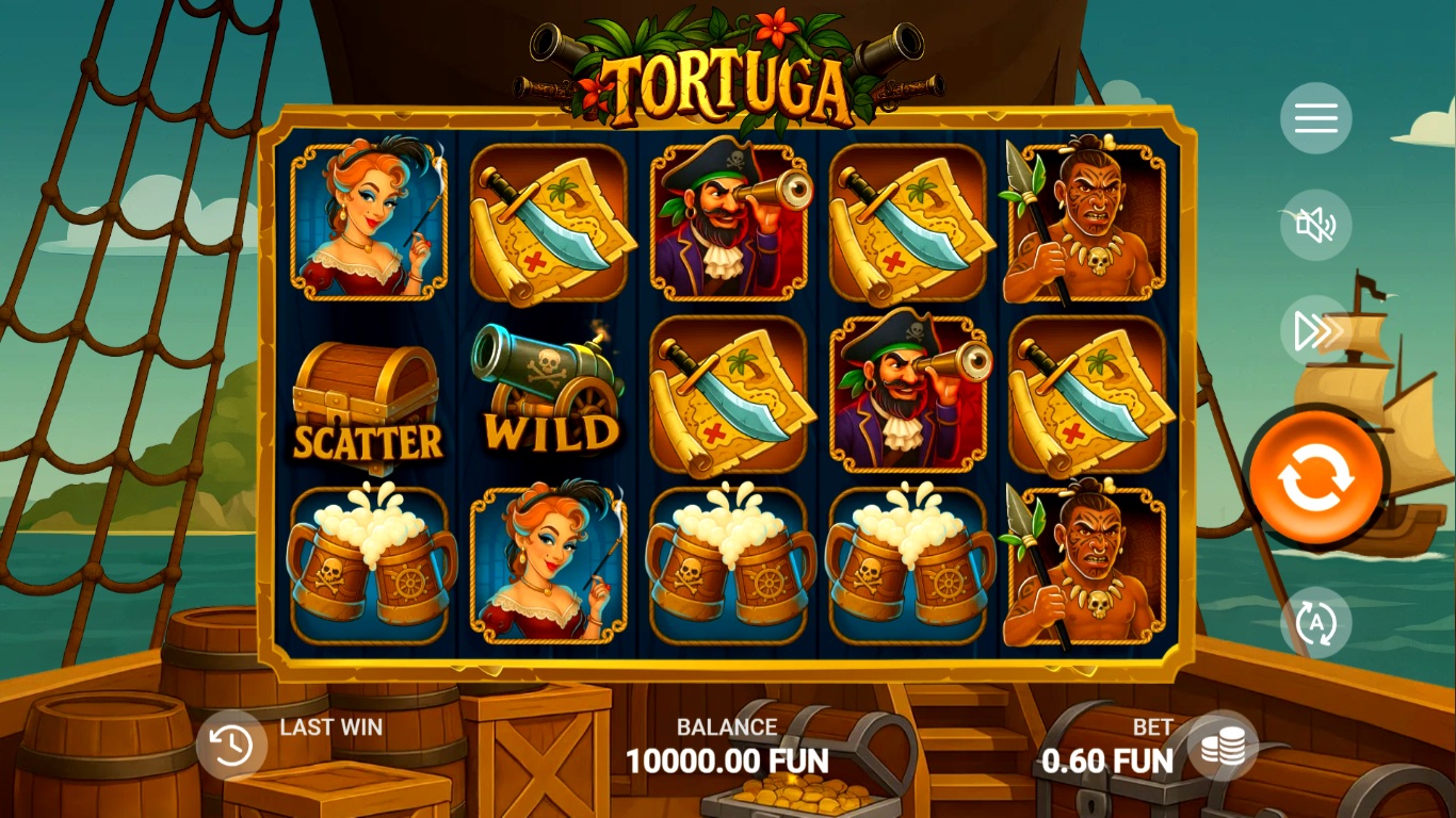 Tortuga slot gameplay showing symbols on a 5x3 board