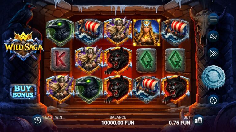 Wild Saga slot gameplay showing symbols on a 5x3 board