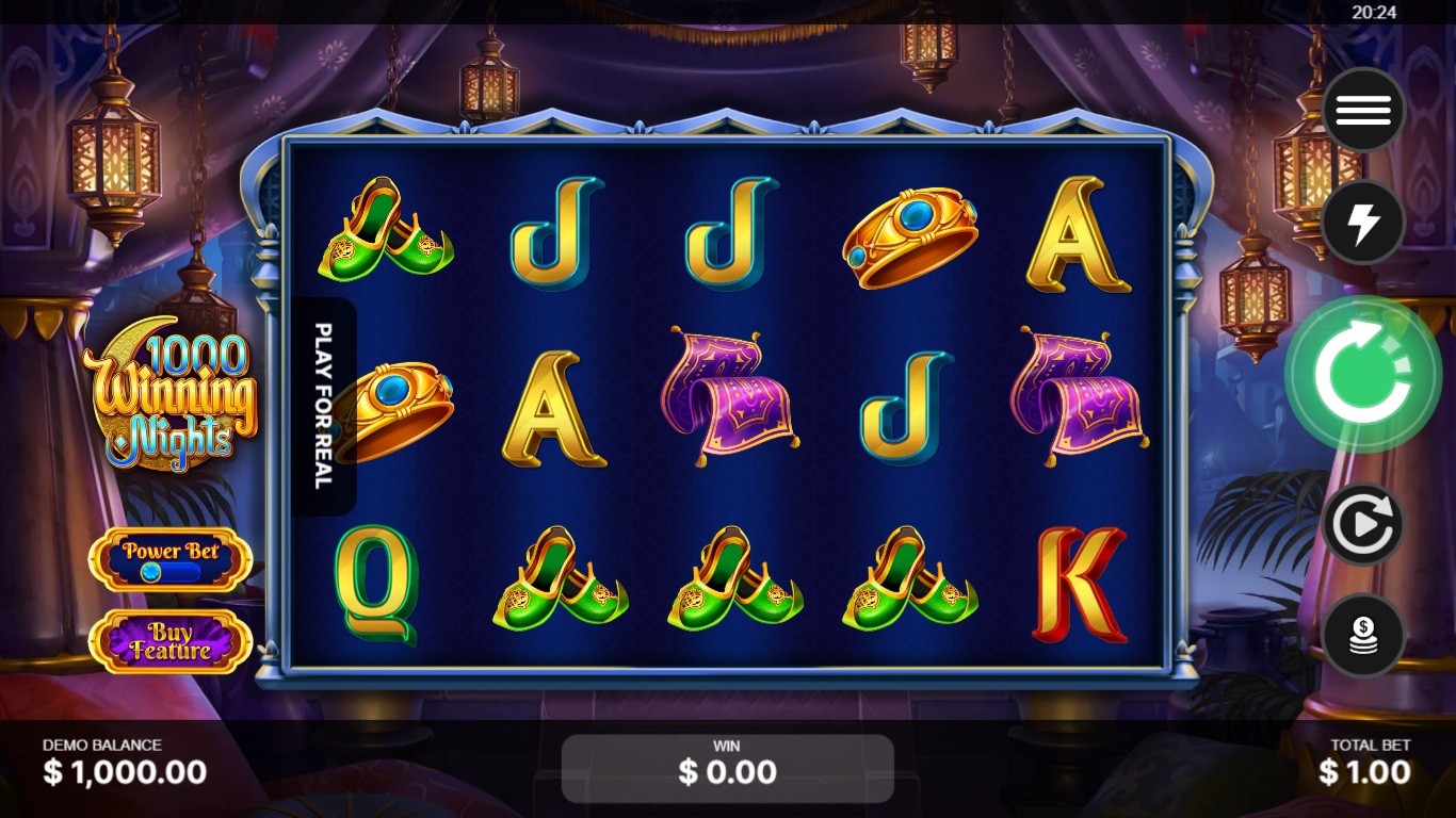 1000 Winning Nights slot gameplay showing symbols on a 5x3 board