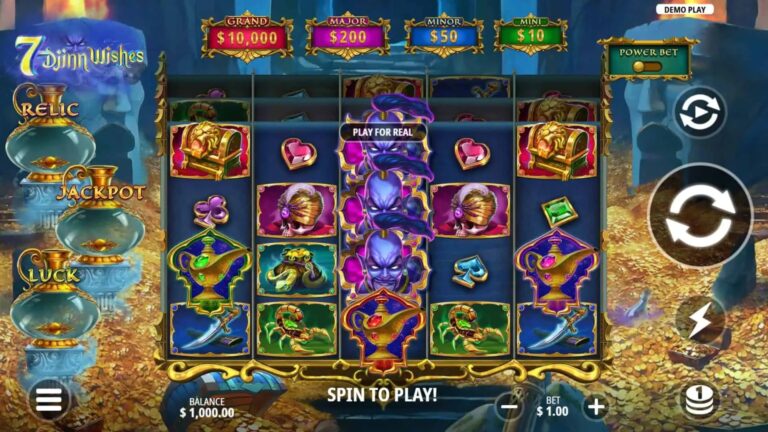 7 Djinn Wishes slot gameplay showing symbols on a 5x4 (expands to 5x6) board