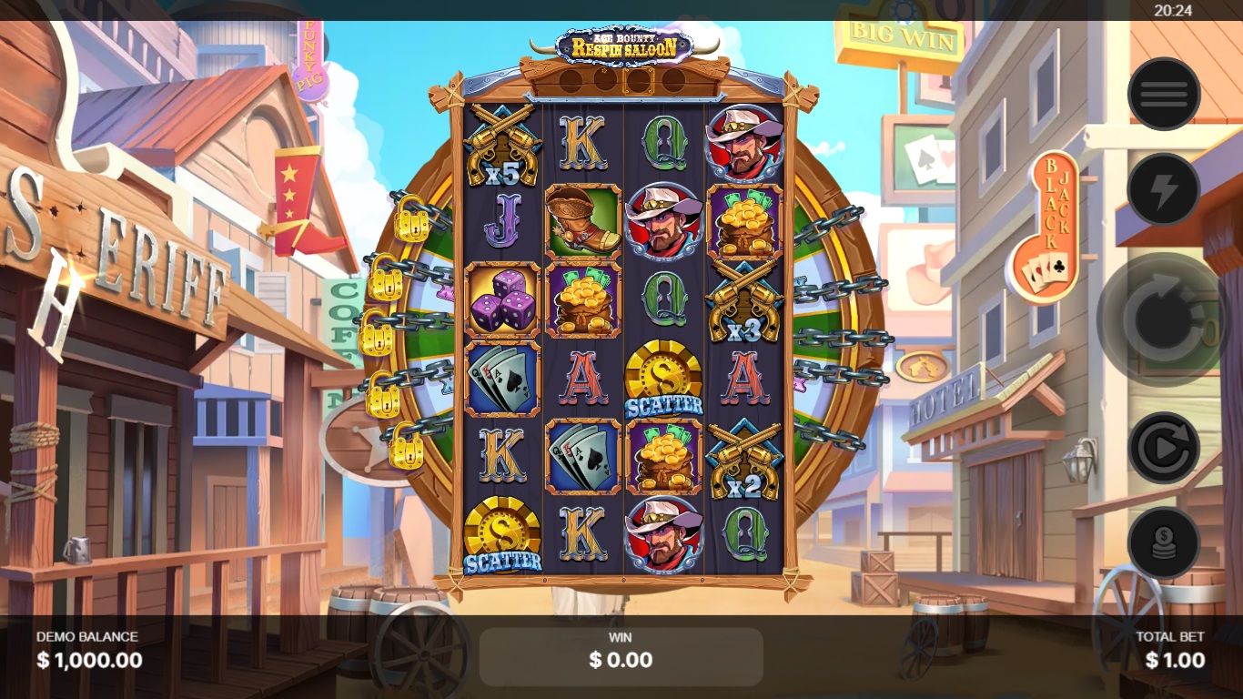 Ace Bounty Respin Saloon slot gameplay showing symbols on a 4x6 board