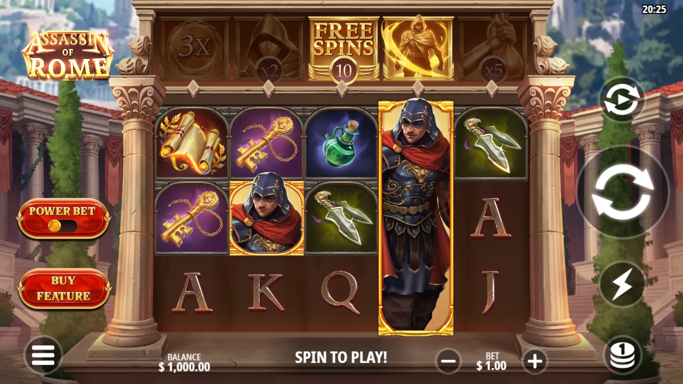 Assassin of Rome slot gameplay showing symbols on a 5x3 board