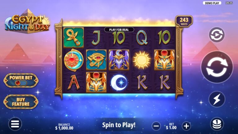 Egypt Night & Day slot gameplay showing symbols on a 5x3 (expands to 5x5) board