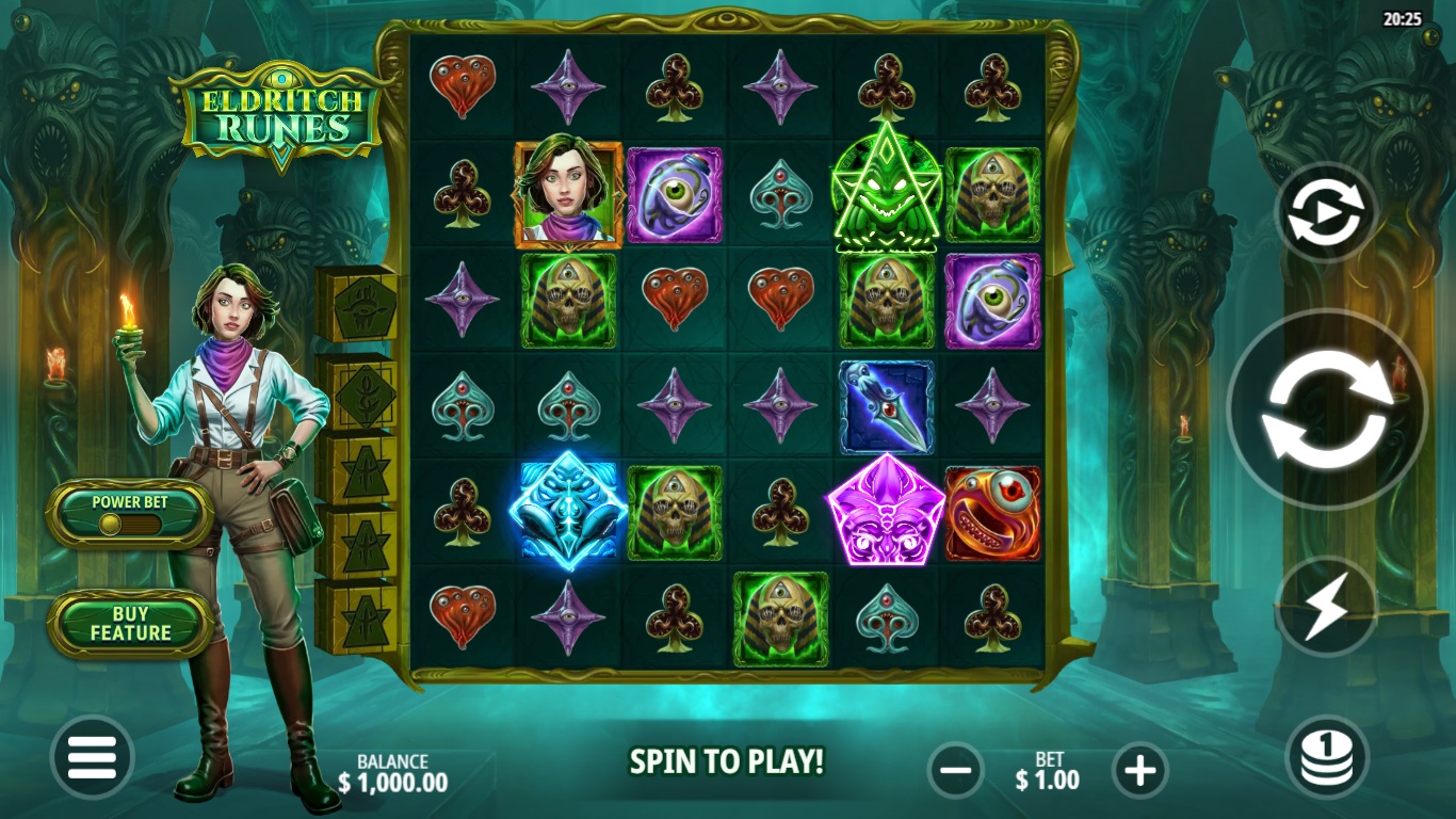 Eldritch Runes slot gameplay showing symbols on a 6x6 board