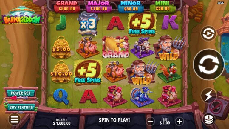 Farmageddon slot gameplay showing symbols on a 5x4 board