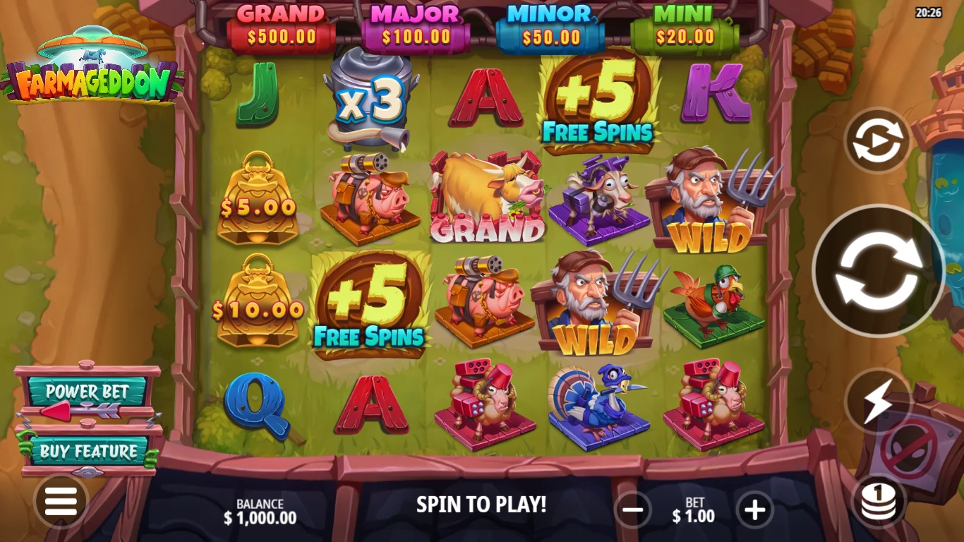 Farmageddon slot gameplay showing symbols on a 5x4 board