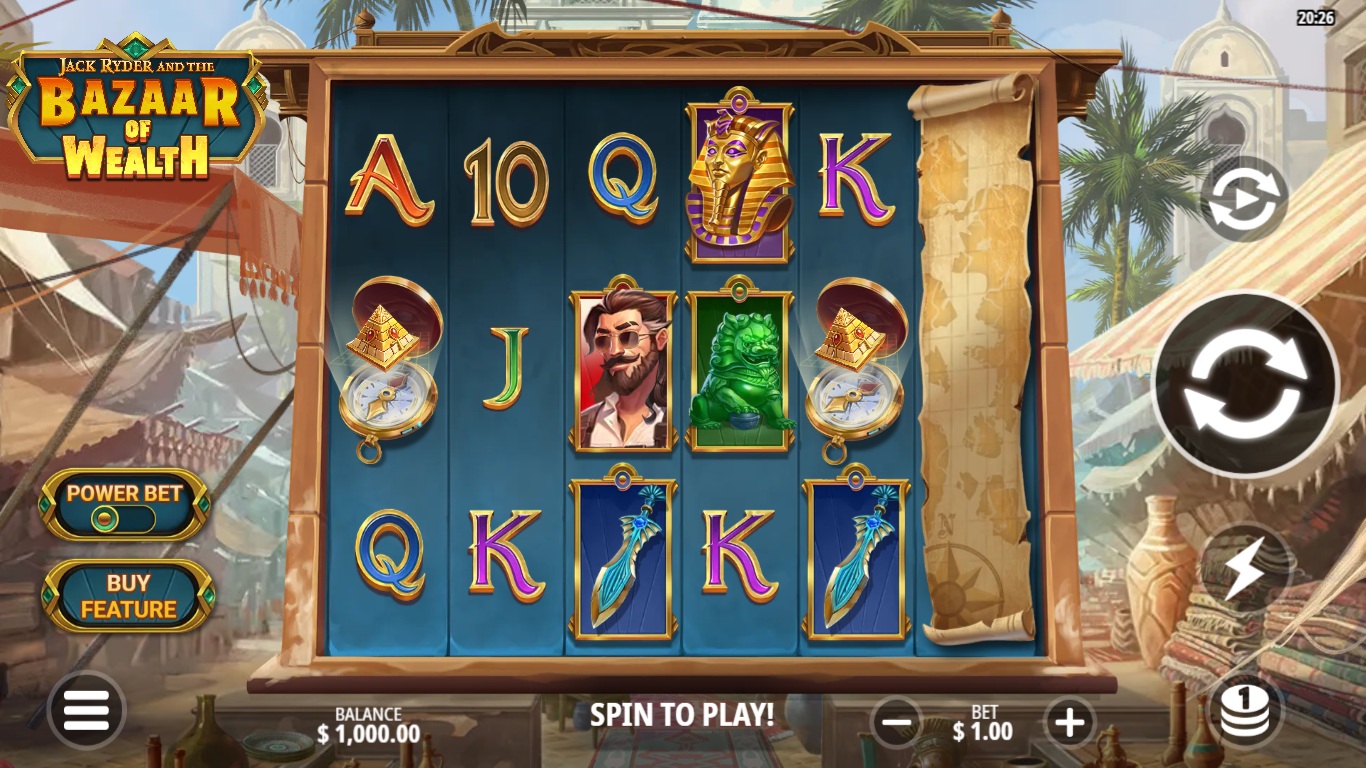 Jack Ryder and the Bazaar of Wealth slot gameplay showing symbols on a 5x3 (sixth reel opens in feature) board