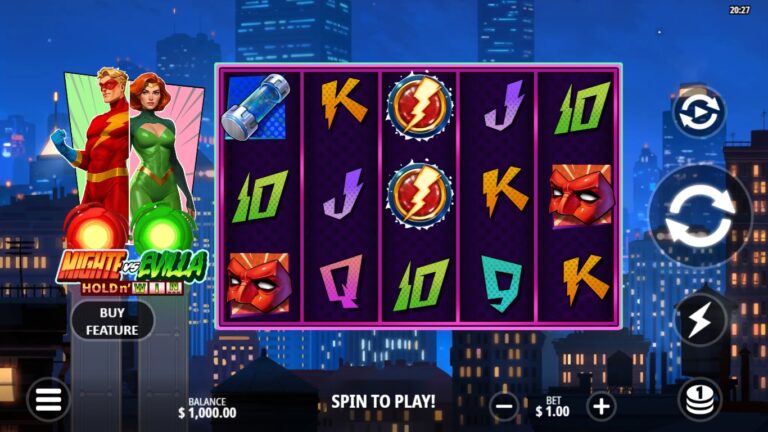 Mighte vs Evilla slot gameplay showing symbols on a 5x3 board