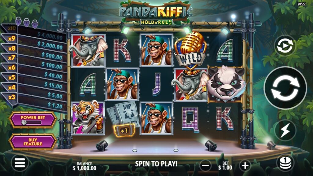Pandariffic: Hold n' Roll slot gameplay showing symbols on a 5x3 board