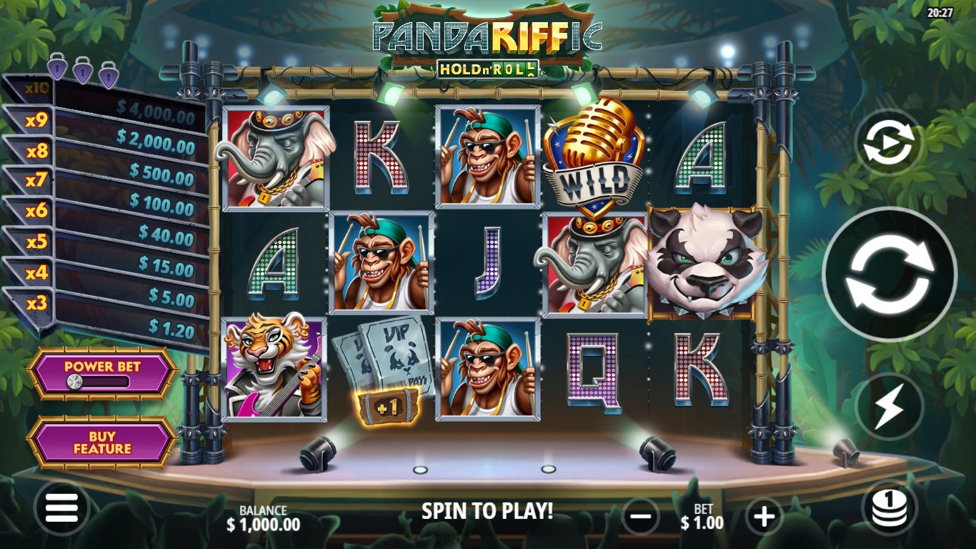 Pandariffic: Hold n' Roll slot gameplay showing symbols on a 5x3 board