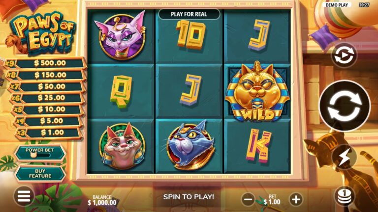 Paws of Egypt slot gameplay showing symbols on a 3x3 board
