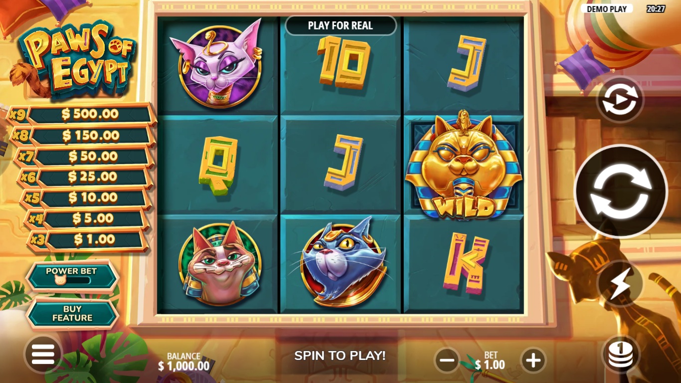 Paws of Egypt slot gameplay showing symbols on a 3x3 board
