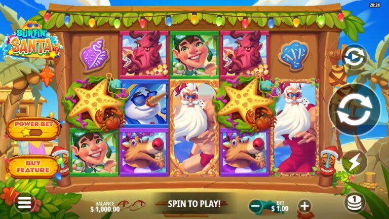Surfin' Santa slot gameplay showing symbols on a 5x3 (up to 5x6) board