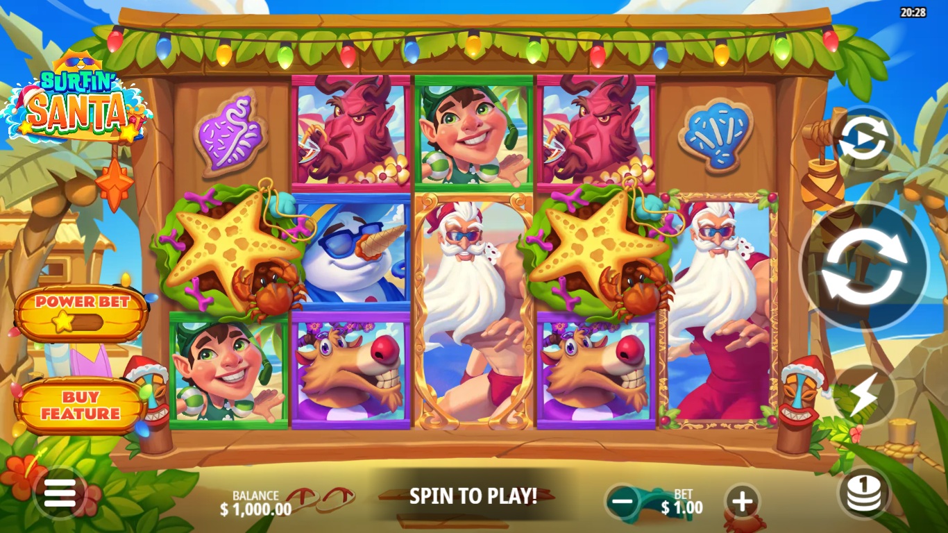 Surfin' Santa slot gameplay showing symbols on a 5x3 (up to 5x6) board