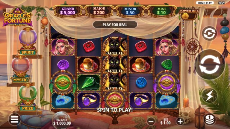 The Oracle's Fortune slot gameplay showing symbols on a 5x4 (expands in Free Spins) board