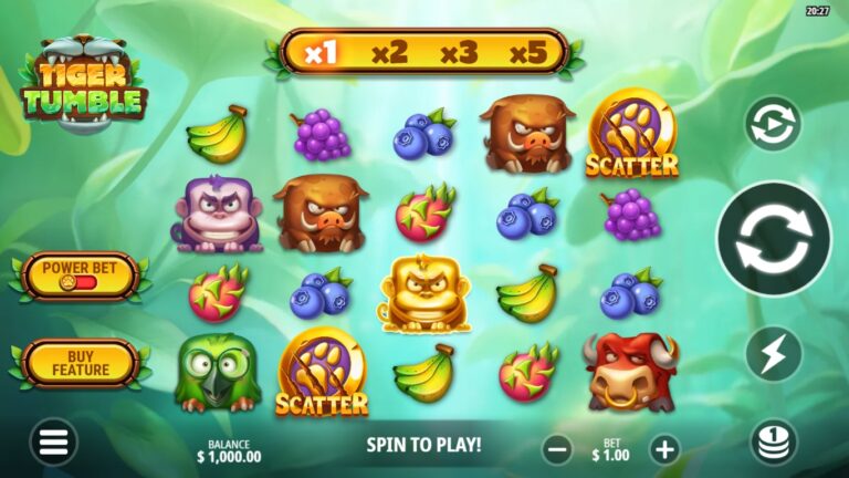 Tiger Tumble slot gameplay showing symbols on a 5x4 board
