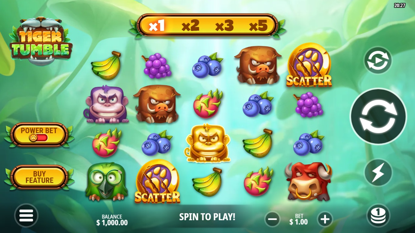 Tiger Tumble slot gameplay showing symbols on a 5x4 board